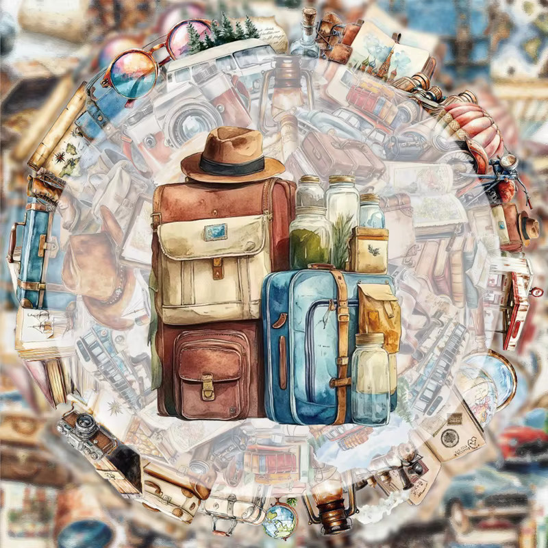 50 Vintage Reisetagebuch Graffiti Aufkleber in Multicolour für Wasserflaschen, Laptops und Koffer - Bild 1