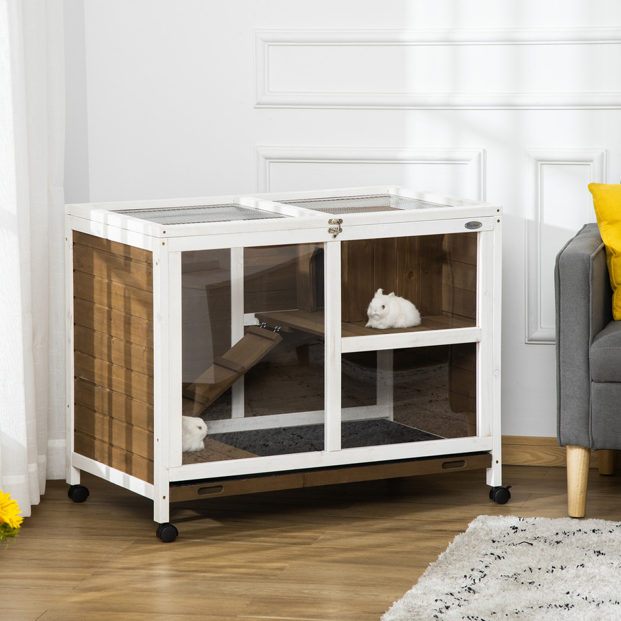 PawHut Kaninchenkäfig Aosom Kleintiergehege aus Massivholz mit 2 Etagen und Rollen, Farbe: Braun, B/T/H: 91,5 x 53,3 x 73 cm - Bild 2