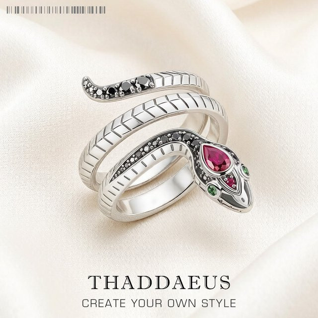 Thaddaeus Ring Schlange, 925 Silber, schwarze Steine, Damen - Bild 1