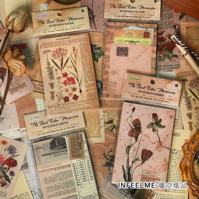 30-teiliges Vintage-Papier-Set mit botanischen Blumenmotiven in Multicolour für Scrapbooking und Tagebuchgestaltung, mattes Konstruktionspapier - Bild 1