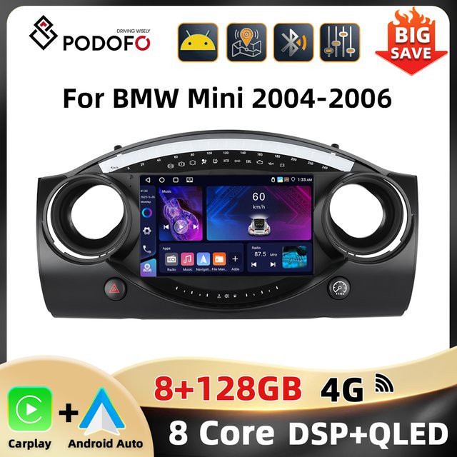 Podofo Android Autoradio für BMW Mini 2004-2006 mit 8-Kern Prozessor, 8GB RAM und 128GB Speicher, Schwarz, Multimedia-Player mit Android Auto, CarPlay, WIFI und 4G Unterstützung - Bild 1