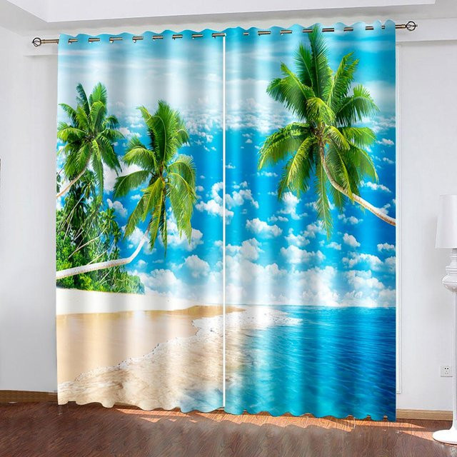 Dekorativer Vorhang mit Meerestier-Naturlandschaft von A Family Of Home Textiles in Blau, halbtransparent mit Ösen, Breite: 100 cm, Höhe: 130 cm - Bild 1