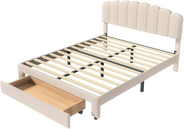 PXloue Doppelbett mit Schubladen und USB-Ladeport aus Samt in Beige, B/T/H: 140 x 200 x 108 cm - Bild 1