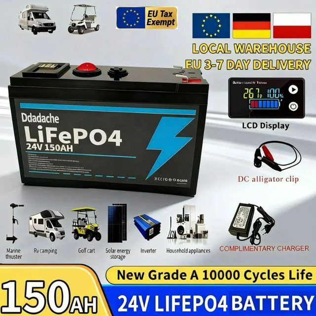Wiederaufladbarer 24V 150Ah Lithium-Batteriepack aus 18650 Zellen in Schwarz inklusive 25,2V 2A Ladegerät für Solarenergie und Elektrofahrzeuge - Bild 1