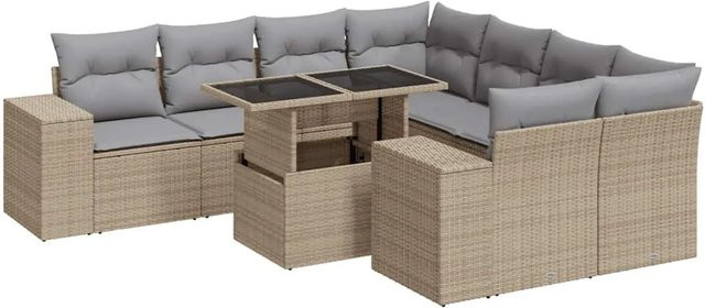 vidaXL 9-teilige Garten-Sofagarnitur aus Poly-Rattan mit Kissen in Beige-Grau - Bild 1