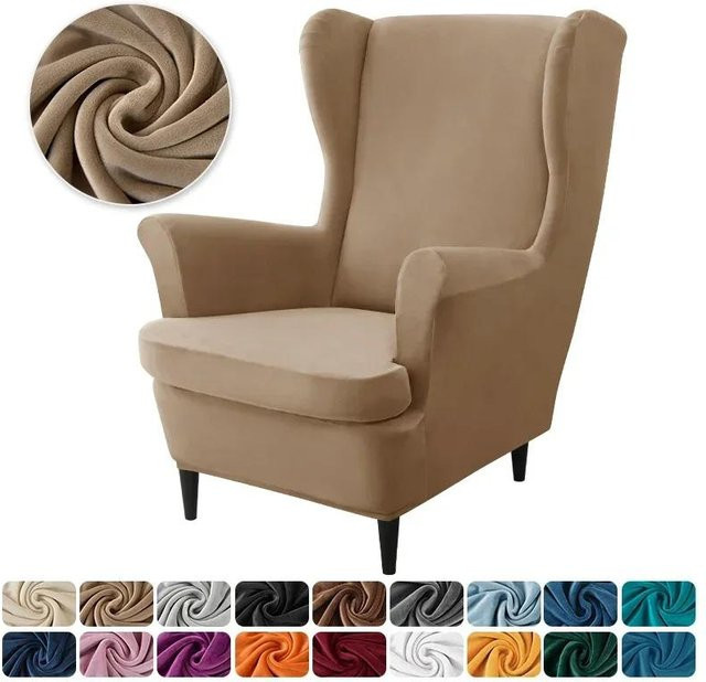 Elastischer Ohrensesselbezug aus Samt in Beige mit Sitzkissenbezug für Einzel-Relaxsofas - Bild 1