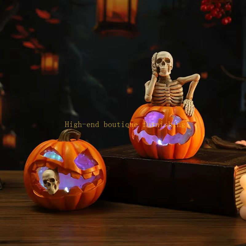 L9NB Halloween Kürbis-Schädel-Lampenfigur in Orange mit warmweißem Licht für drinnen und draußen - Bild 3