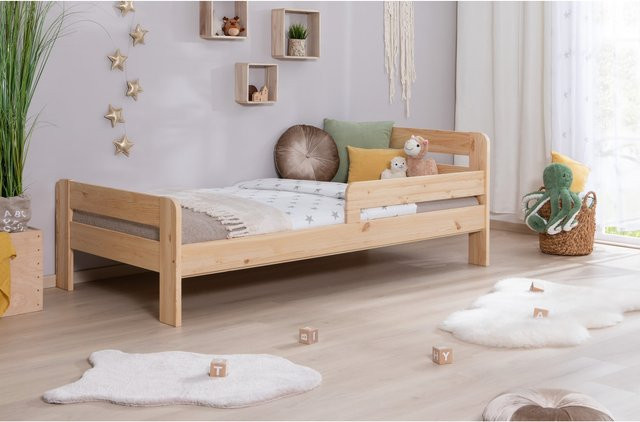 TiCAA Kinderbett Bennet aus Kiefer Massivholz mit Rausfallschutz und Lattenrost, Farbe Beige, B/T/H: 90 x 200 cm - Bild 1