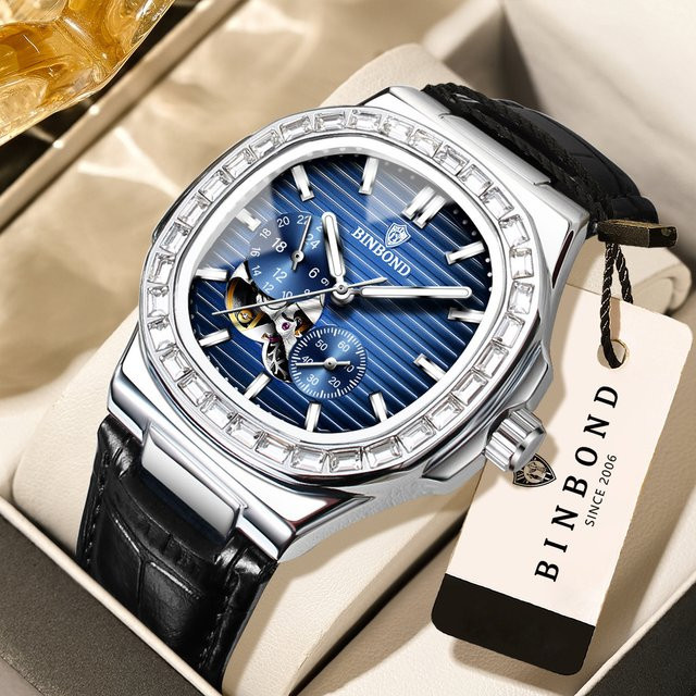 BINBOND Armbanduhr Automatik, Skelett-Uhr, Edelstahl, Blau, Leder, Herren - Bild 1