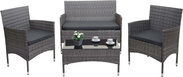 MCW Poly-Rattan Garten-Garnitur F55 in Grau mit Tisch und dunkelgrauen Sitzpolstern - Bild 1