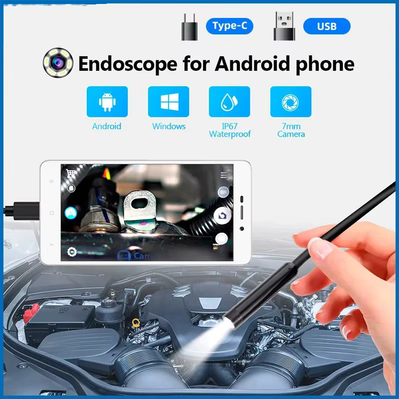 XinFe USB-C Flexibles Endoskop mit 7mm Durchmesser und 6 einstellbaren LEDs in Schwarz für Android-Smartphones und PC-Inspektionen - Bild 1