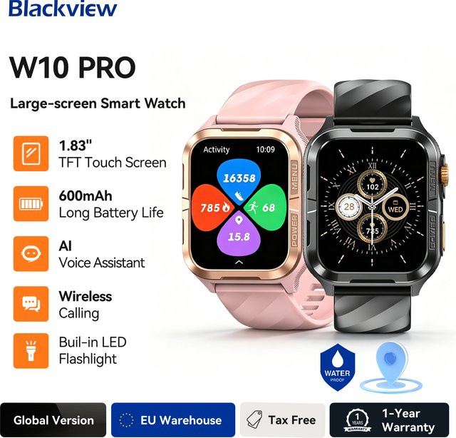 Blackview W10 Pro GPS Smartwatch mit 1,83 Zoll TFT-Display, Bluetooth und LED-Licht in Schwarz und Pink, wasserdicht - Bild 1