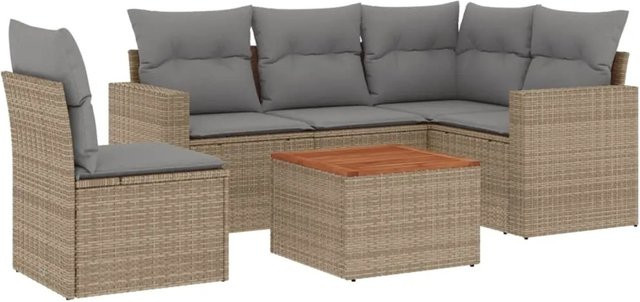 vidaXL 6-teilige Garten-Sofagarnitur in L-Form aus Poly-Rattan in Beige mit Kissen und pulverbeschichtetem Stahlgestell - Bild 1