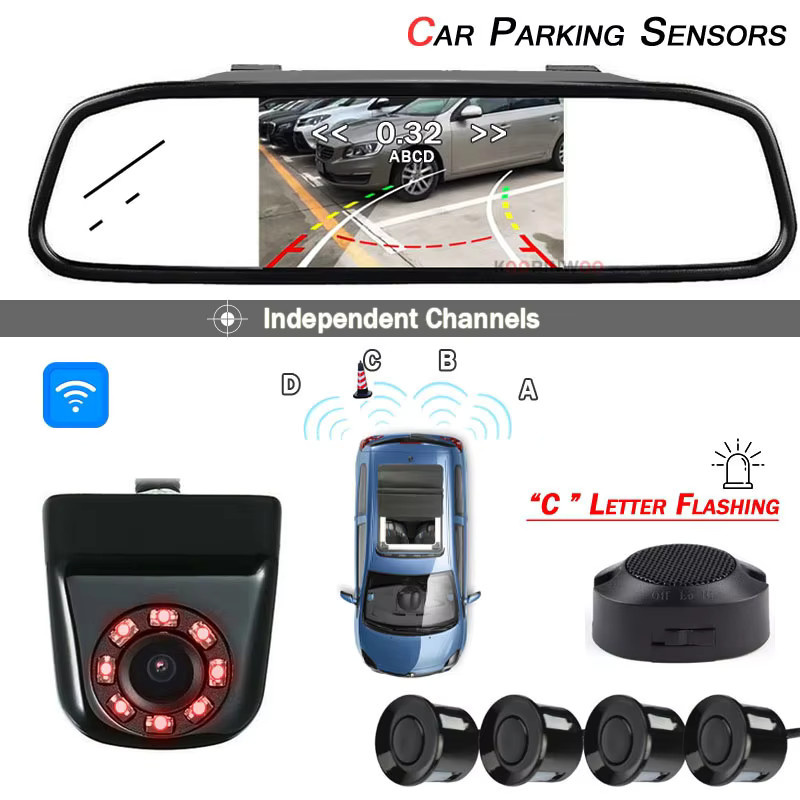 Koorinwoo Kabelloses Parksensor-Set mit dynamischer Autokamera und Weitwinkel-Auto-Detektor in Schwarz - Bild 5