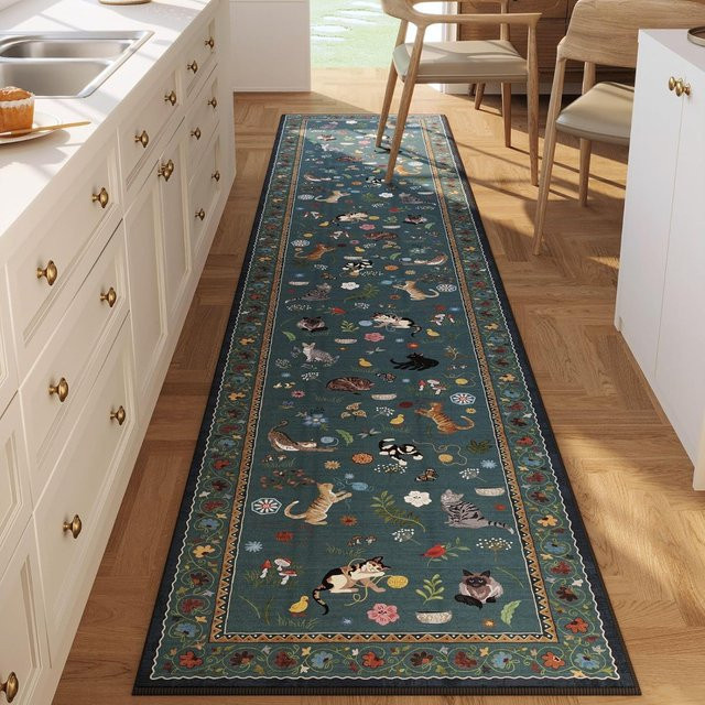 Lodestar Vintage Katzenläufer Teppich mit buntem Kätzchen- und Blumendruck, rutschfest und waschbar, B/T: 50 x 150 cm - Bild 1