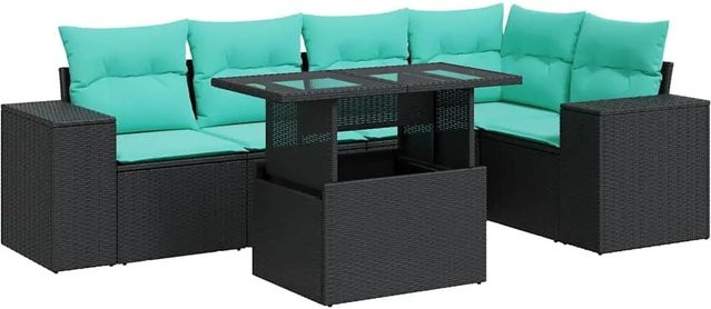 vidaXL 6-teilige Garten-Sofagarnitur in L-Form aus Polyrattan und Akazie mit Kissen in Schwarz - Bild 1