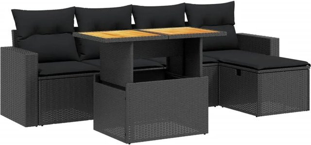 vidaXL 6-teilige Garten-Sofagarnitur aus Poly-Rattan und Akazienholz in Schwarz mit Kissen - Bild 1