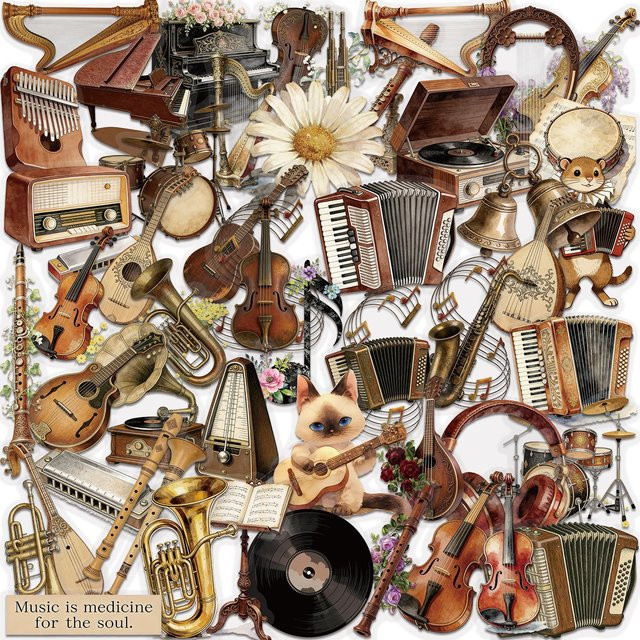 50 Stück GOGOTU Vintage Musikinstrumente Aufkleber, transparente und wasserfeste Graffiti-Sticker für Gitarre, Gepäck und Telefon, Multicolour - Bild 1
