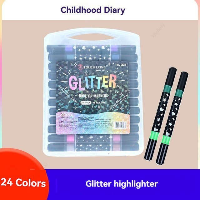Glitzer-Textmarker Set mit 24 Metallic-Farben und Pinselspitze in Multicolour für ästhetischen Schulbedarf - Bild 1