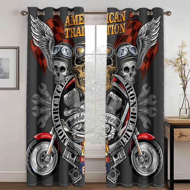 Yiran Furniture Vorhang mit Motorrad Skelett 3D Digitaldruck, Navy Blau, 2er-Set, Breite: 50 cm, Höhe: 130 cm - Bild 1