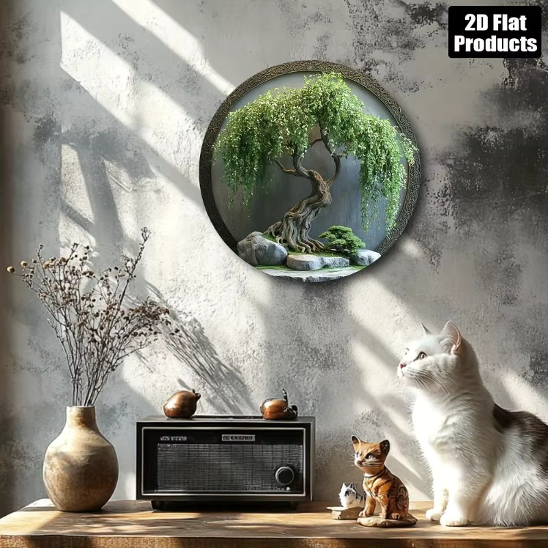 Potdemiel Aluminium-Wandkunst Rund mit Bonsai-Baum, Felsen und Moos in Grün - Bild 5