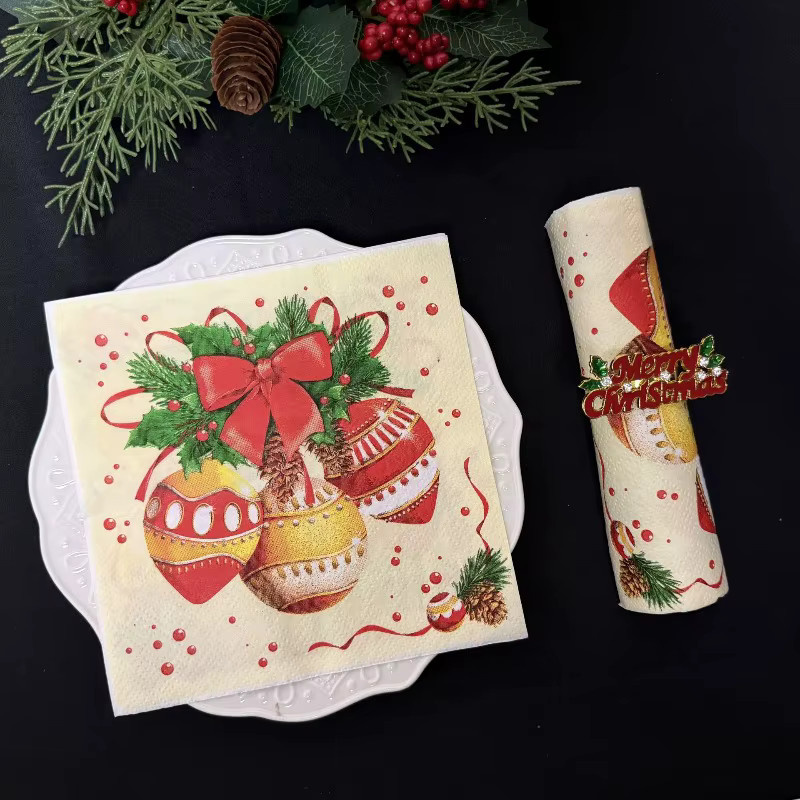 GUANYAO Weihnachtsservietten mit Santa Claus, Glocken, Kranz und Tannenzapfen Motiv, 2-lagig, 20 Stück, Multicolour - Bild 5