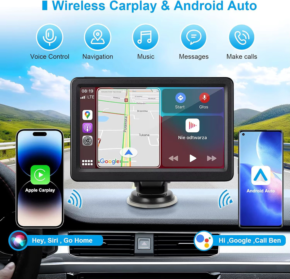 Gearelec 7 Zoll Universal Tragbares Carplay Wireless Android Auto Autoradio mit Bluetooth und Touchscreen in Schwarz - Bild 2