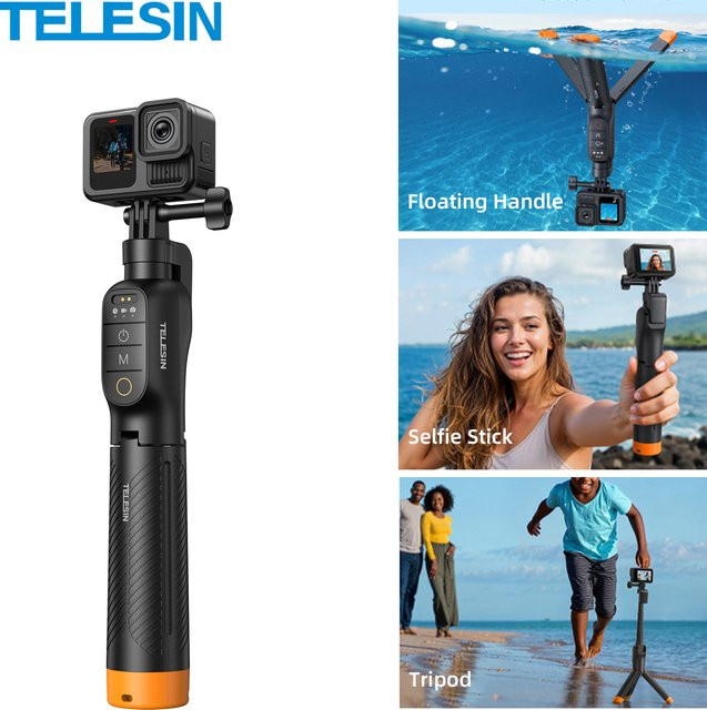TELESIN 3-in-1 Unterwasser-Selfie-Stick-Stativ mit Fernbedienung, ausziehbar und wasserdicht, Auftriebsstab für GoPro Hero 9 10 11 12 13 Max, Schwarz - Bild 1