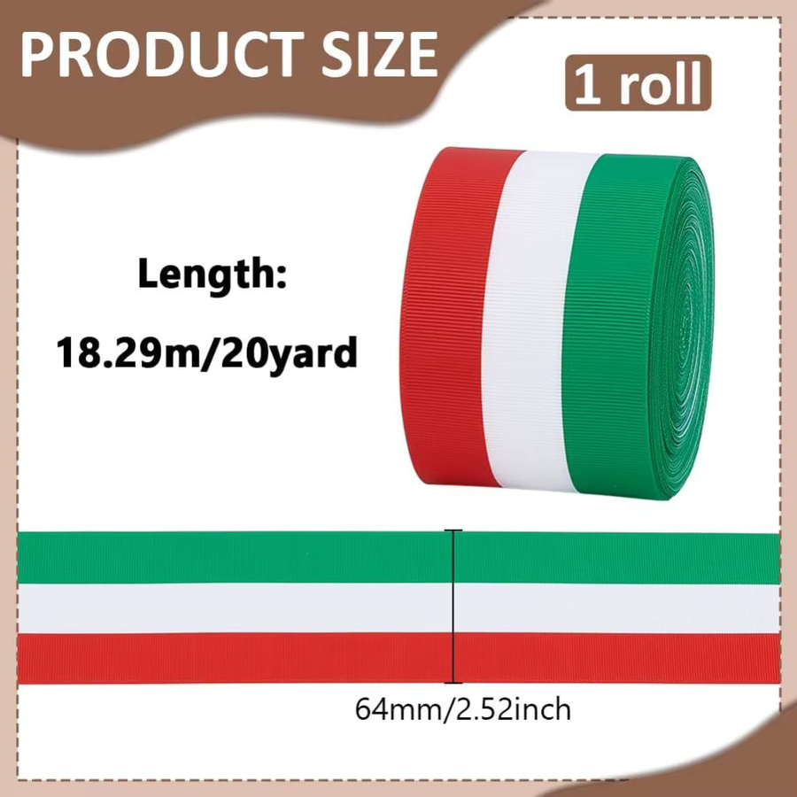 Tibbon Ripsband mit italienischem Flaggenmuster in Rot, Weiß und Grün, Polyester, Breite: 6,35 cm, Länge: 18,29 m - Bild 4