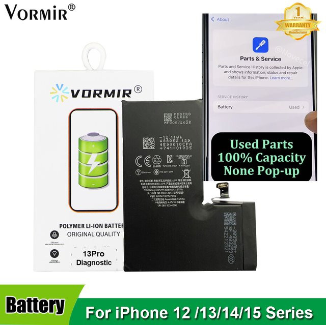 Vormir Diagnosebatterie für iPhone 12 bis 15 Max, wiederaufladbarer Li-Ion Akku in Schwarz, 100 % Kapazität ohne Fehlermeldung oder Pop-up - Bild 1