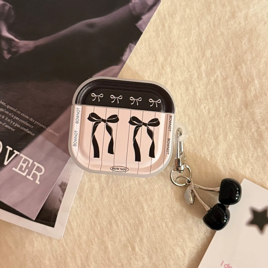 Koreanische gestreifte Kopfhörerhülle für Apple AirPods Pro und AirPods 1 2 3 4 mit schwarzem Kirsch-Anhänger, mehrfarbig - Bild 5