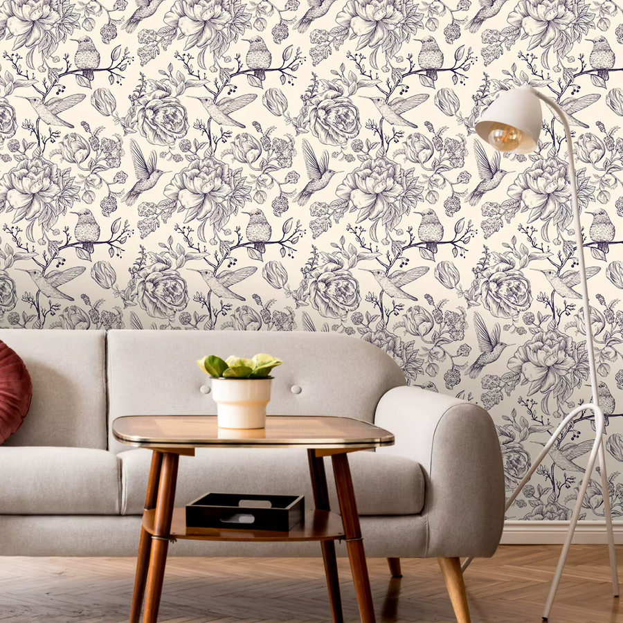 Selbstklebende Wandtapete Meihodan mit floralem Motiv aus Rosen, Vögeln und Tinte in Multicolour - Bild 2