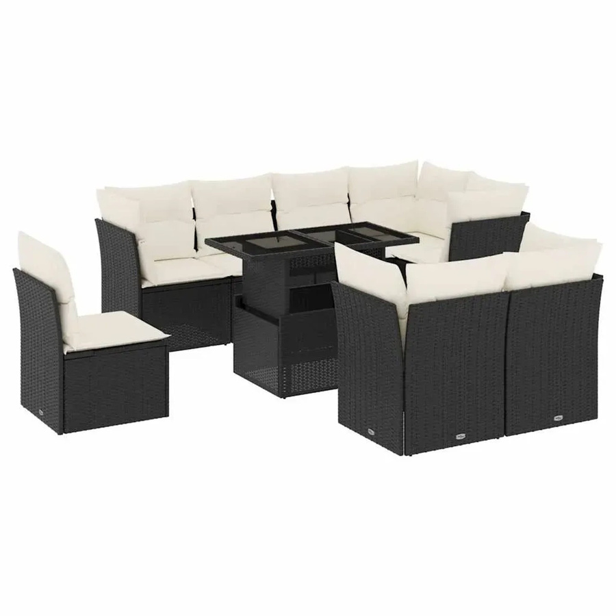 vidaXL 9-teilige Garten-Sofagarnitur aus Poly-Rattan in Schwarz mit cremeweißen Kissen und Gartentisch - Bild 2