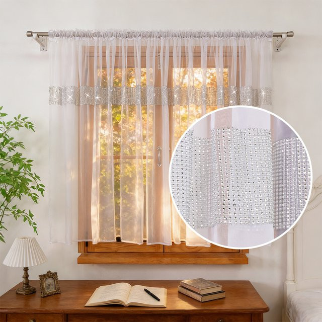 FLYINGCURTAINS Transparenter Terylene-Vorhang mit silbernen Strasssteinen in Weiß, 1 Stück - Bild 1