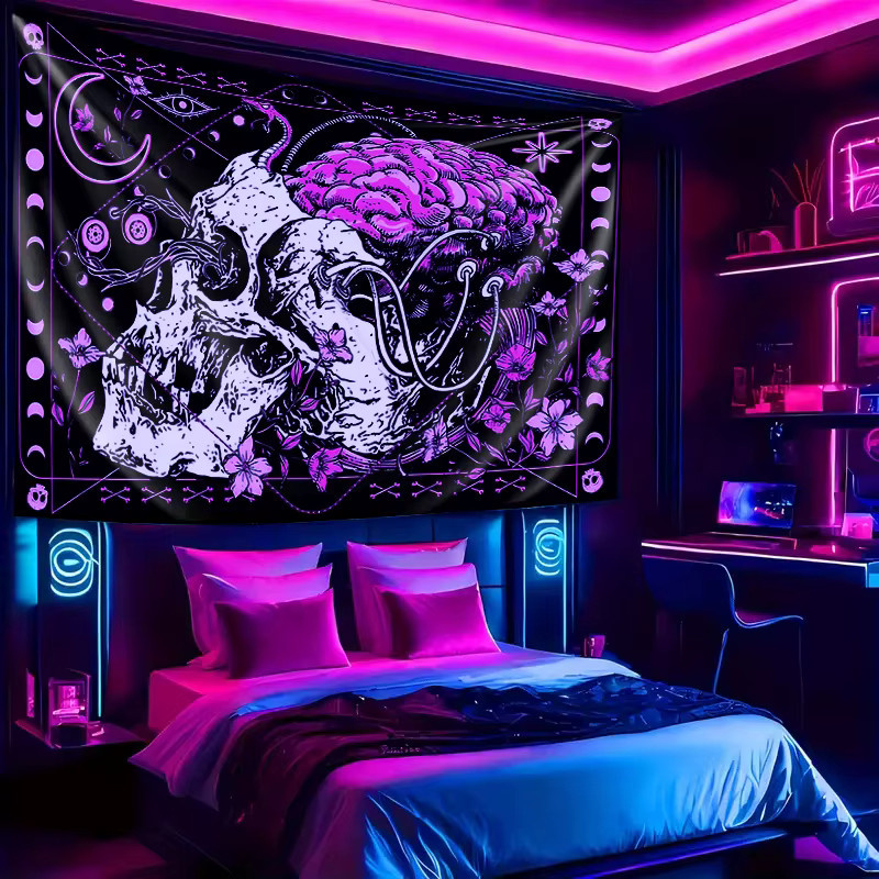 VIKAMA Gothic Wandteppich mit Skull und Gehirn Motiv für Schlafzimmer und Wohnzimmer, Breite: 75 cm, Höhe: 58 cm - Bild 2