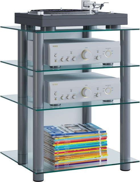 VCM Hifi-Möbel Bilus Phono Mediaregal in Silber/Klarglas mit ESG-Glasböden und Alusäulen, H x B x T: 70 x 59 x 48 cm - Bild 3