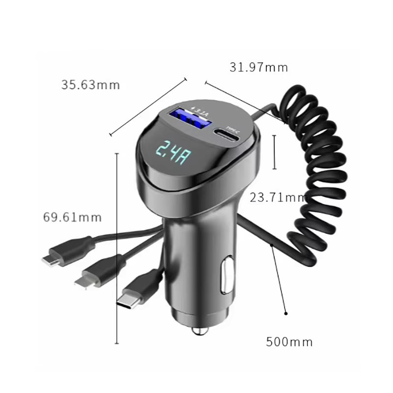 2-Port-USB-Schnellladegerät mit 3,1 A Ausgang, Spannungsanzeige und 3-in-1 einziehbarem Kabel für Fahrzeuge in Schwarz - Bild 4