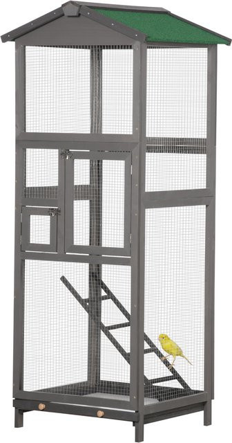 Aosom PawHut Vogelkäfig Voliere aus massivem Holz in Grau mit 2 Türen und herausnehmbarem Tablett, B/T/H: 68 x 63 x 165 cm - Bild 1