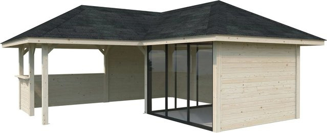 PALMAKO Pavillon Bianca Set 209 Slide aus Fichtenholz in Braun mit Alu-Schiebetüren und Eck-Tresenanlage, B/T/H: 588 x 588 x 319 cm - Bild 2