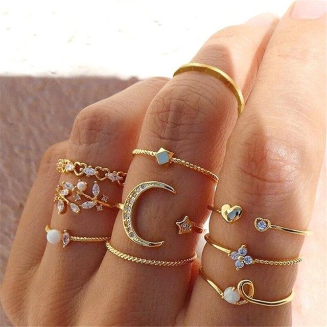 Ring-Set Stern Mond, Diamant, Perle, Gold, Damen - Bild 1