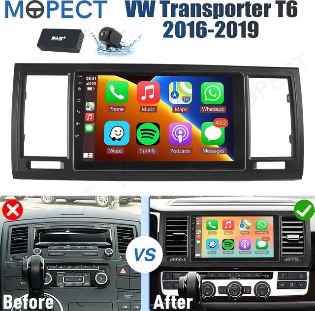 MOPECT 9-Zoll Android 15 Autoradio für VW Transporter T6 2016-2019 mit Carplay, 4G+64G, GPS, Bluetooth, DAB und DVR in Schwarz - Bild 1