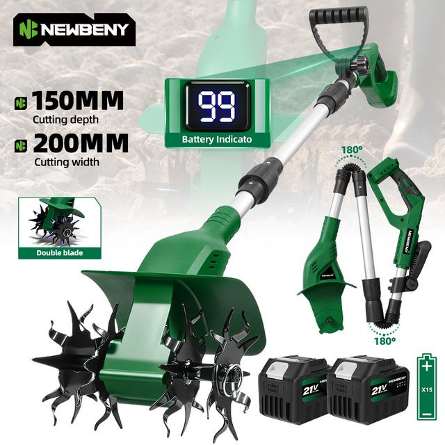 NEWBENY Elektrischer Rasenmäher mit Doppelklinge in Grün, Bodenfräse für Makita 21V Akku, Breite: 20 cm - Bild 1