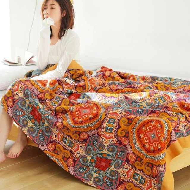 Nordische Überwurfdecke aus Baumwollgaze in Multicolour mit floralem Boho-Design, B/B: 150 x 200 cm - Bild 1