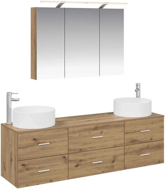 vidaXL Badezimmermöbel-Set 4-teilig in Artisan-Eiche und Glas, modern mit Waschtischunterschrank, Spiegelschrank und Wandschrank, Braun - Bild 1