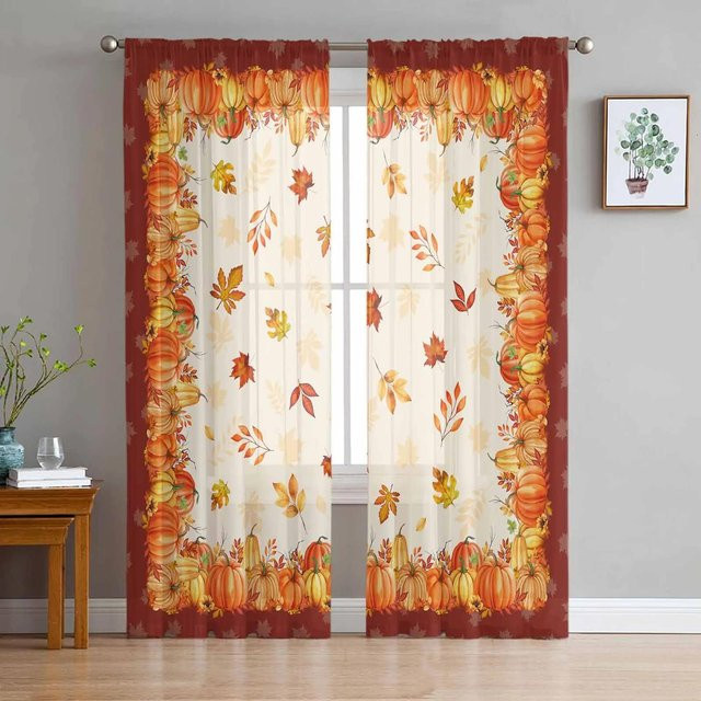 Yiran Furniture Transparenter Vorhang mit Herbst Ahorn Blättern in Orange, Tüll Voile Organza Drapierung für Wohnzimmer und Schlafzimmer, Breite: 135 cm, Höhe: 115 cm - Bild 1