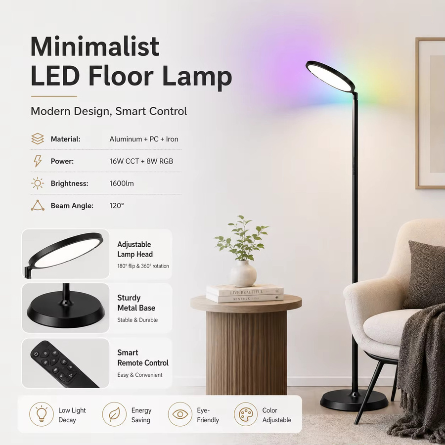 LEOEU LED-Stehlampe mit RGB-Farbwechsel, moderne 2-teilige Stehleuchte aus Metall in Schwarz, mehrfach winkelverstellbar, Höhe: 180 cm, Breite: 25 cm, Tiefe: 25 cm - Bild 2