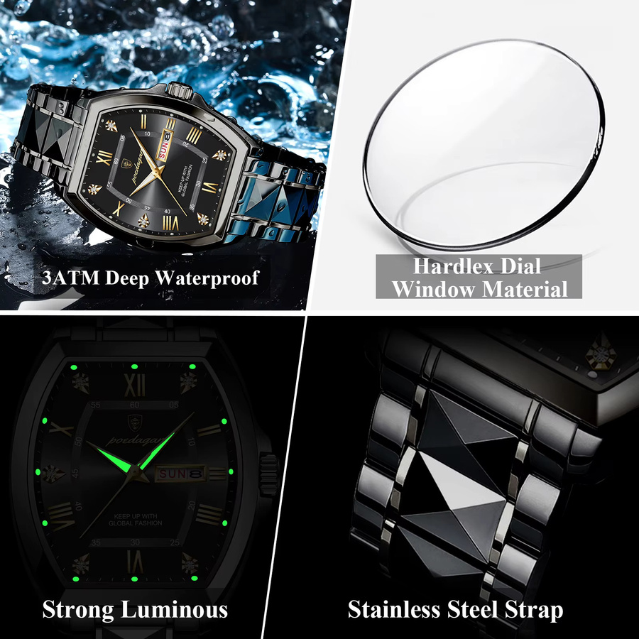 POEDAGAR Armbanduhr Tonneau, Quarz, Edelstahl, Schwarz, Silber, Herren - Bild 4