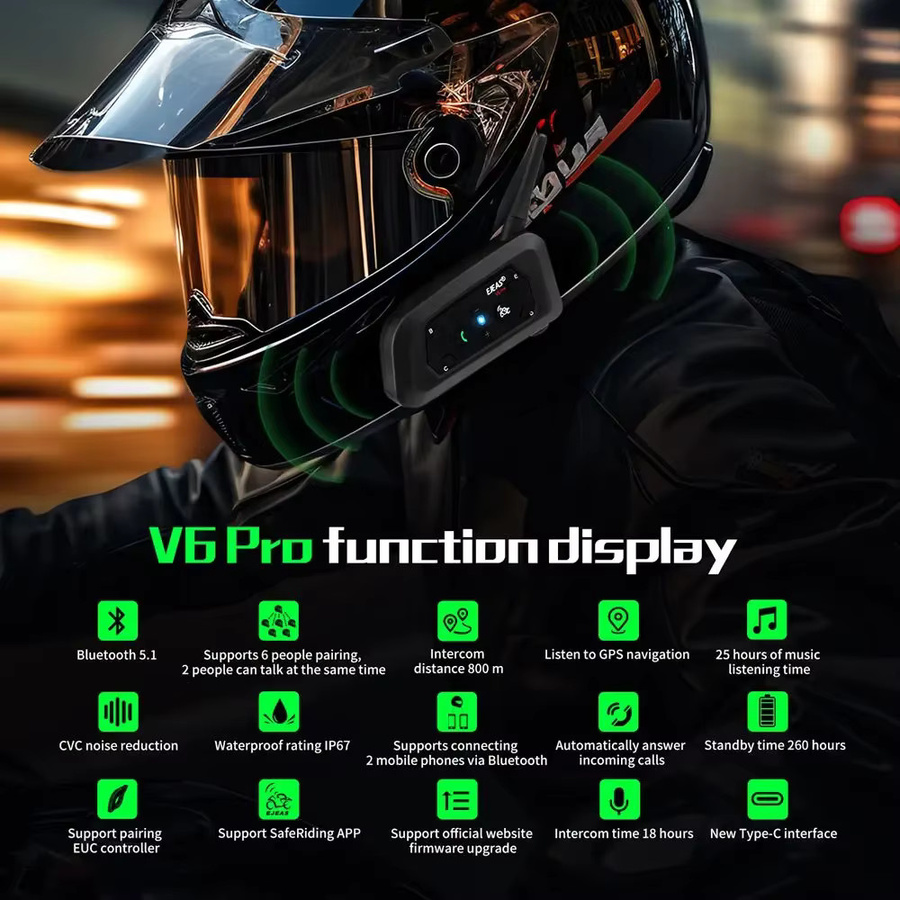EJEAS V6 PRO+ Bluetooth-Motorradhelm-Intercom-Headset in Schwarz mit 800 m Reichweite für 6 Fahrer und IP67 Wasserdichtigkeit - Bild 2