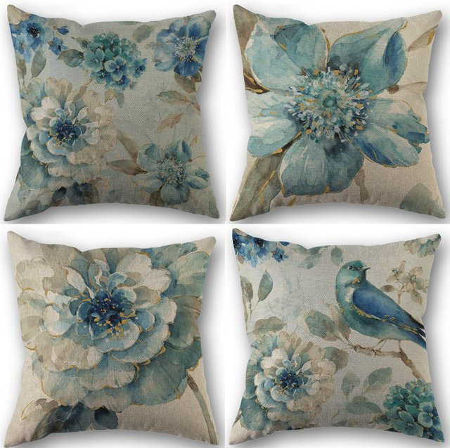 Indigold Kissenbezug aus Leinen mit Aquarell-Blumen und Vogel in Blau, B/T/H: 45 x 45 x 0 cm - Bild 1