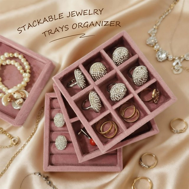 Stapelbares Schmuck-Organizer-Tablett aus Samt in Pink mit mehreren Gittern für Ohrringe und Ringe - Bild 1